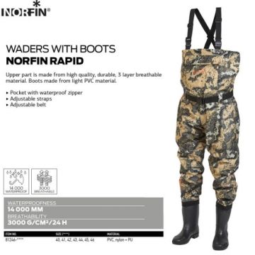 Waders cu cizme Norfin Rapid, camuflaj (Marime: 45)